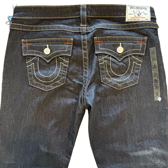 True Religion Boot Cut Mid Rise Dark Wash Denim Jeans Size 32 With Pocket Flaps - Picture 6 of 14
